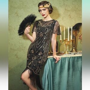 NWT BABEYOND 1920s Flapper Costume Great Gatsby with Sequins and Fringe XLG